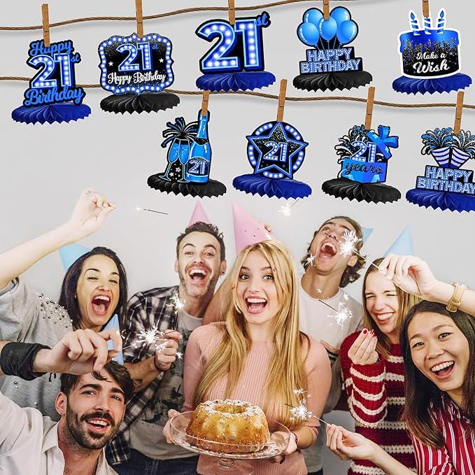 9PCS Blue Neon 21st Birthday Honeycomb Table Centerpieces Party Decorations