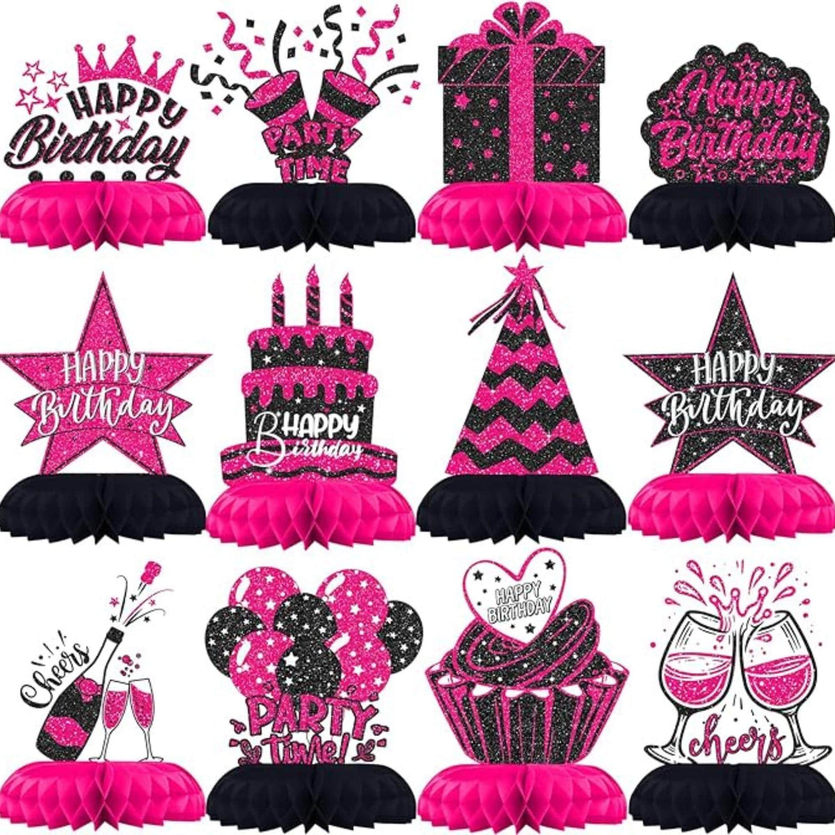 12PCS Hot Pink Black Birthday Honeycomb Table Centerpieces Party Decorations