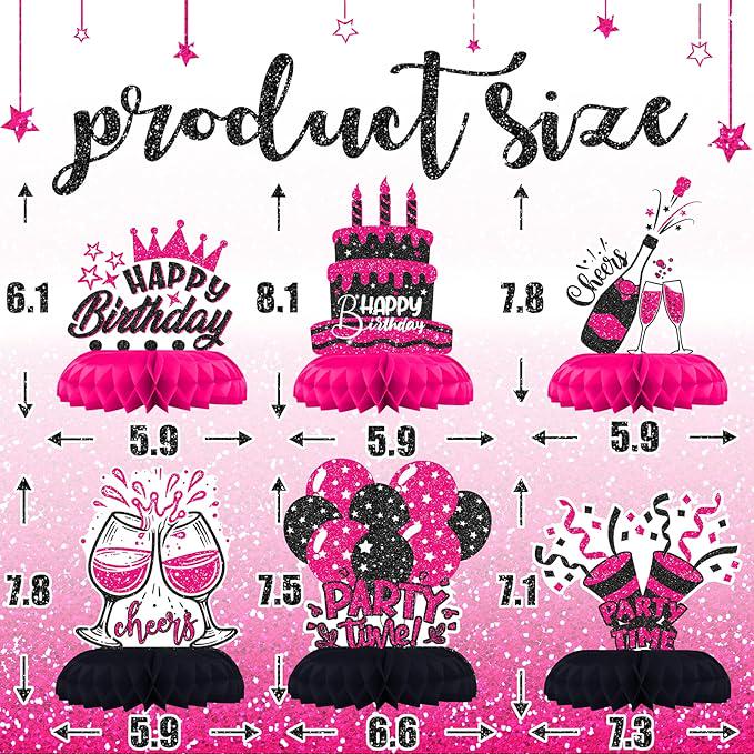 12PCS Hot Pink Black Birthday Honeycomb Table Centerpieces Party Decorations