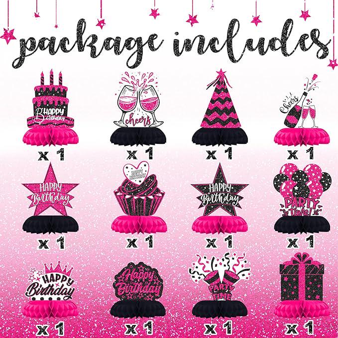 12PCS Hot Pink Black Birthday Honeycomb Table Centerpieces Party Decorations
