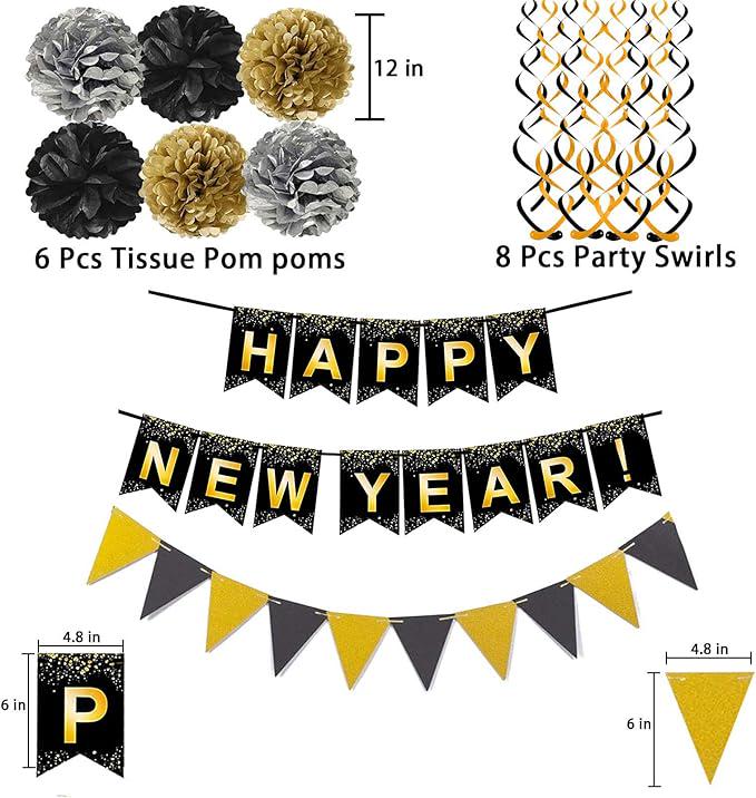 Black & Gold Happy New Year Party Decoration Set