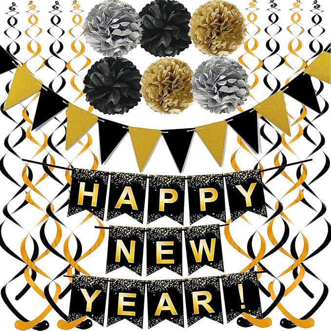 Black & Gold Happy New Year Party Decoration Set