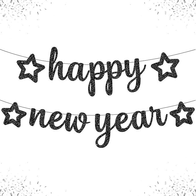 Glitter Happy New Year Black Banner 10 Feet New Years Eve Party Decor 2026