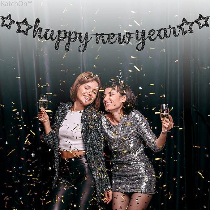 Glitter Happy New Year Black Banner 10 Feet New Years Eve Party Decor 2026