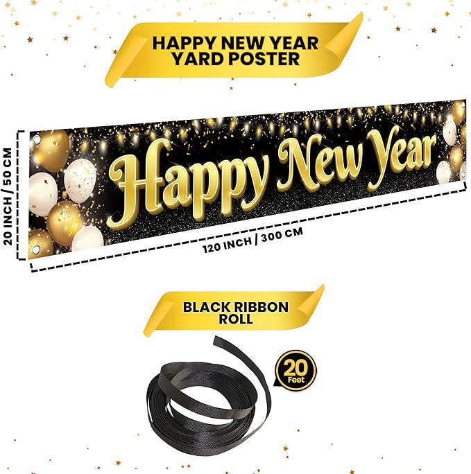 Large Happy New Year Banner 2026 120x20 Inch Yard Sign and Party Decor