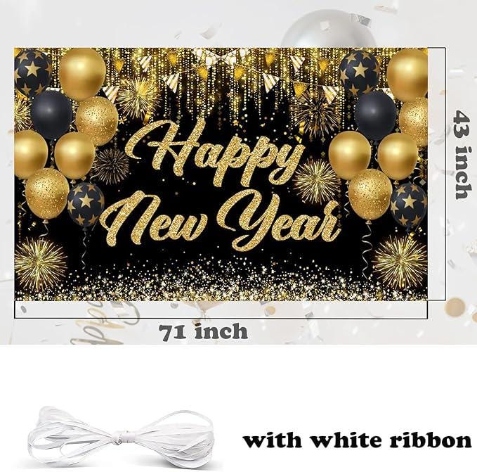 Black and Gold Happy New Year Banner 71x43 Inches Large Backdrop for 2025