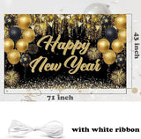 Black and Gold Happy New Year Banner 71x43 Inches Large Backdrop for 2025