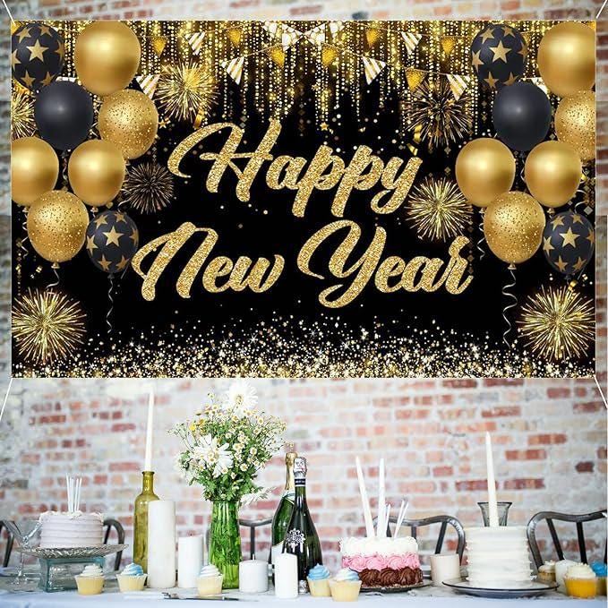 Black and Gold Happy New Year Banner 71x43 Inches Large Backdrop for 2025