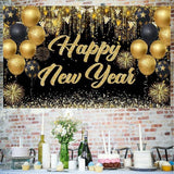 Black and Gold Happy New Year Banner 71x43 Inches Large Backdrop for 2025