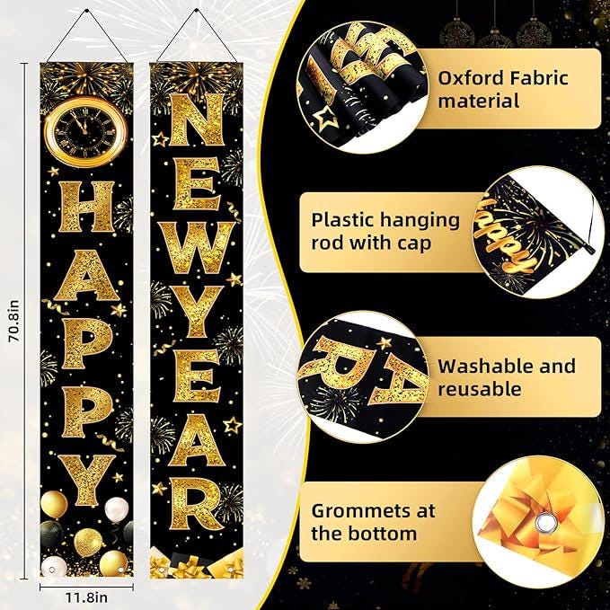 Happy New Year Door Banner 2026: Black & Gold Porch Decor