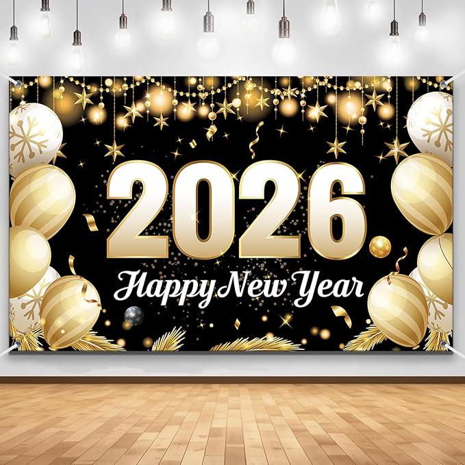 Extra Large Happy New Year Banner 2026 70x43 Inches Backdrop Party Decor