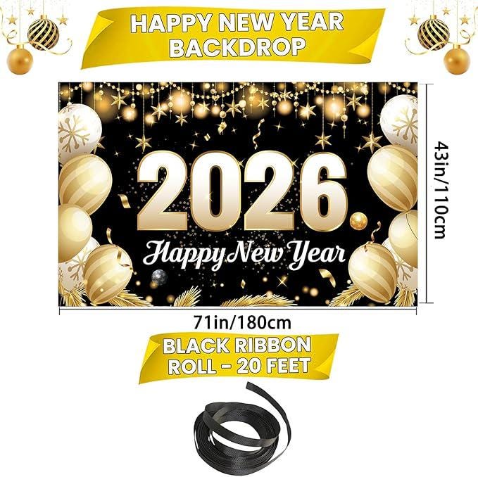 Extra Large Happy New Year Banner 2026 70x43 Inches Backdrop Party Decor
