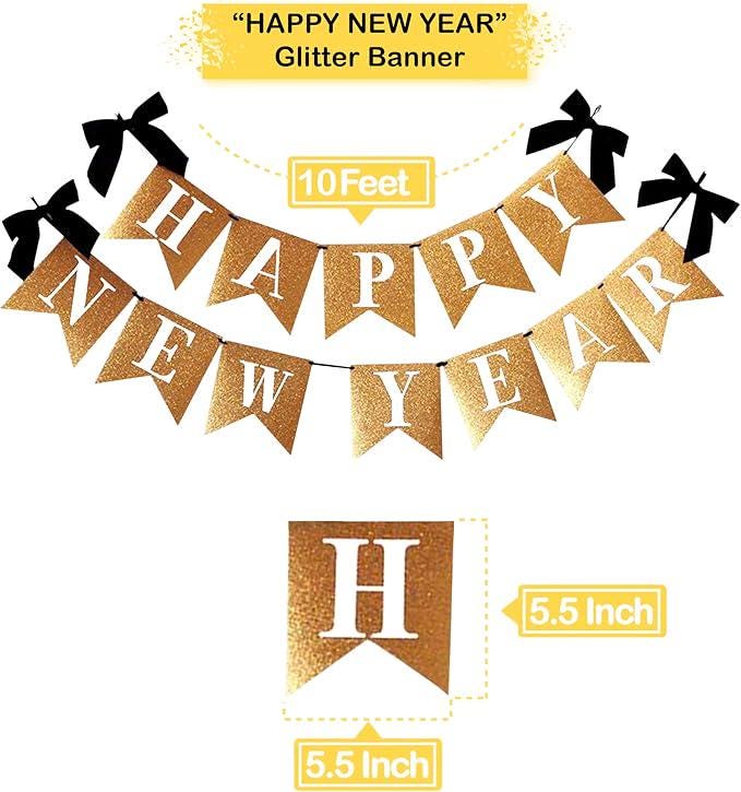 Gold Glitter Happy New Year Banner 10 Feet Party Sign and Decorations 2026