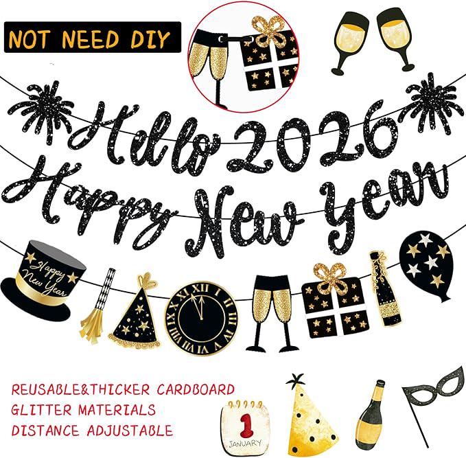 Happy New Year Black Glitter Banner Pre-Strung 2026 NYE Party Decorations