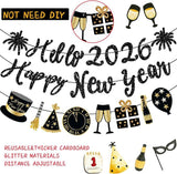 Happy New Year Black Glitter Banner Pre-Strung 2026 NYE Party Decorations