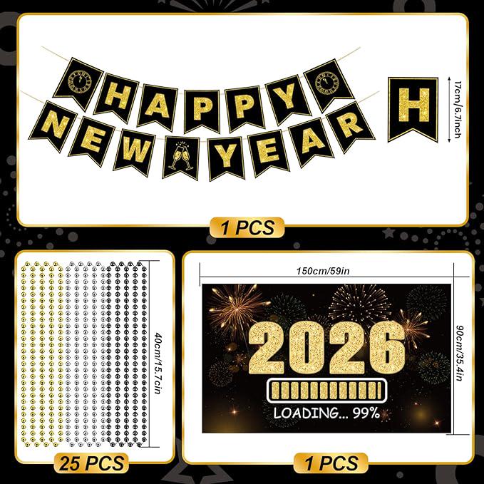Happy New Year Party Supplies Kit 2026 for 50 Guests with Banner and Decor