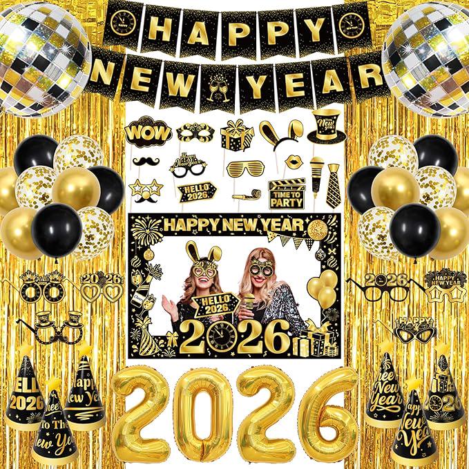 New Year Party Supplies Kit 2026 with Banner Balloons Hats and Photo Props