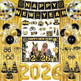 New Year Party Supplies Kit 2026 with Banner Balloons Hats and Photo Props
