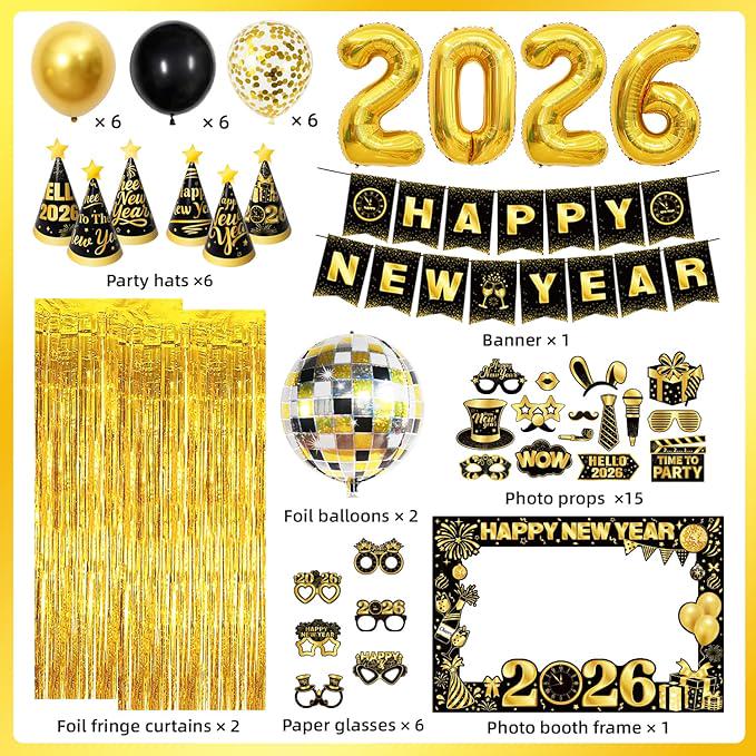 New Year Party Supplies Kit 2026 with Banner Balloons Hats and Photo Props