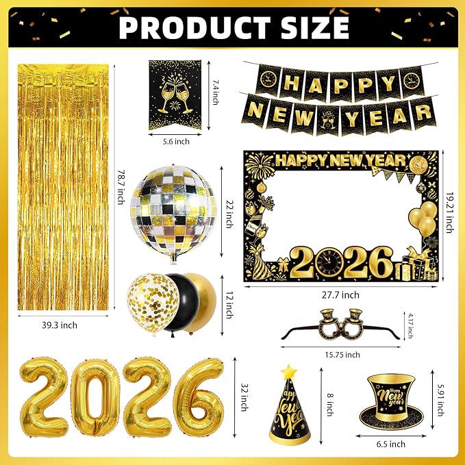 New Year Party Supplies Kit 2026 with Banner Balloons Hats and Photo Props