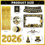 New Year Party Supplies Kit 2026 with Banner Balloons Hats and Photo Props