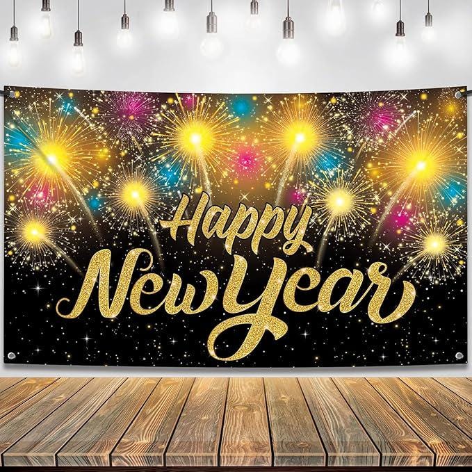 Extra Large Happy New Year Banner 72x44 Inch Black and Gold Party Backdrop 2026