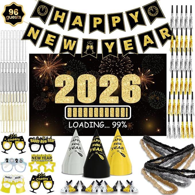 New Years Eve Party Supplies Kit 2026 for 96 Guests with Banner and Decor