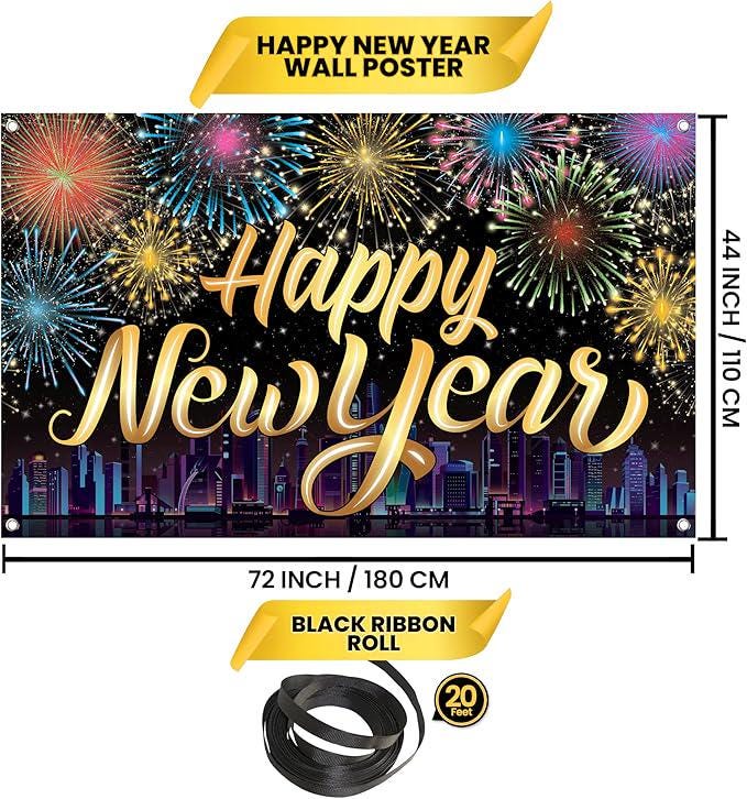 Extra Large Happy New Year Banner 72x44 Inch Firework Backdrop Party Decor 2026
