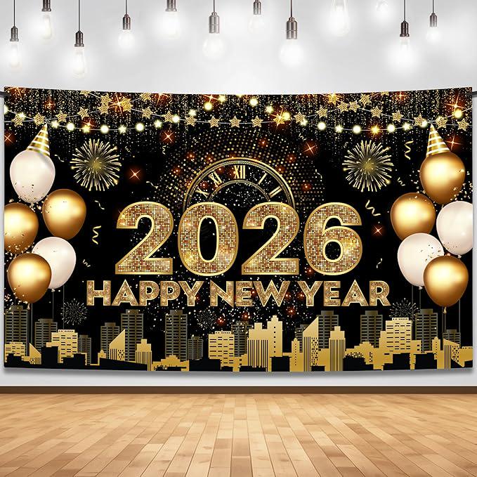 Extra Large Happy New Year Banner 72x44 Inch Gold Party Decorations 2026