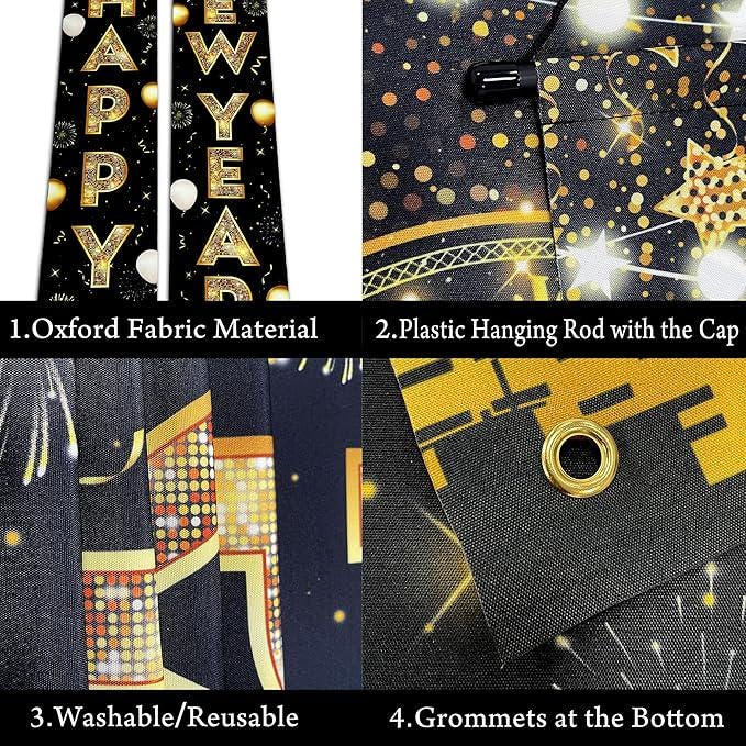 Extra Large Happy New Year 2026 Door Banner, Black and Gold Party Decor