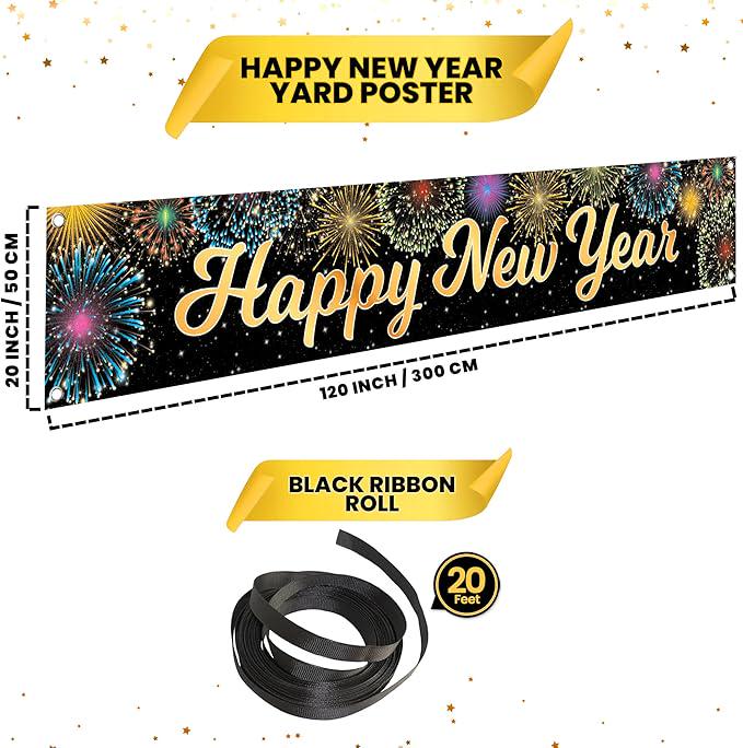 Large Happy New Year Banner 2026 120x20 Inch Yard Sign Party Decorations