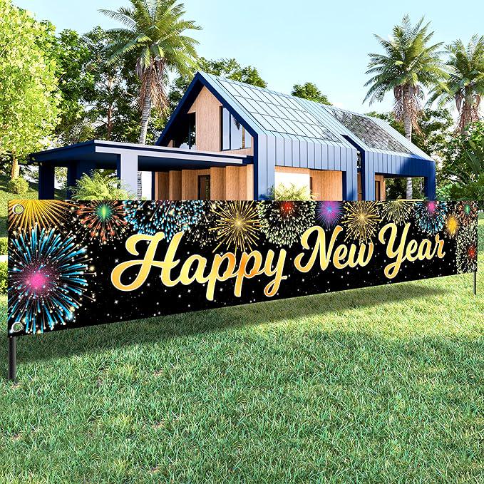Large Happy New Year Banner 2026 120x20 Inch Yard Sign Party Decorations