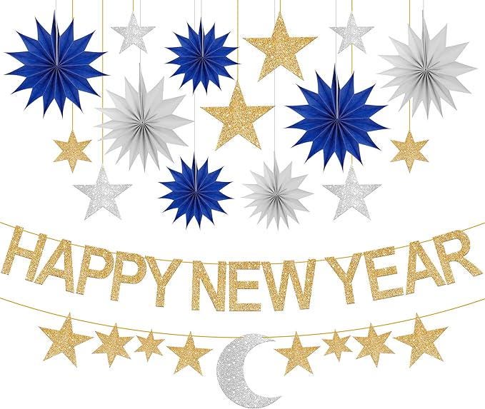 Glitter Happy New Year Banner Pack of 17 Garland Stars and Paper Fans 2026