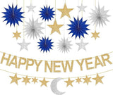 Glitter Happy New Year Banner Pack of 17 Garland Stars and Paper Fans 2026