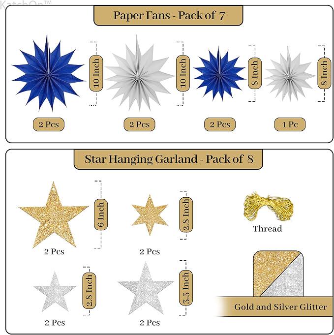 Glitter Happy New Year Banner Pack of 17 Garland Stars and Paper Fans 2026