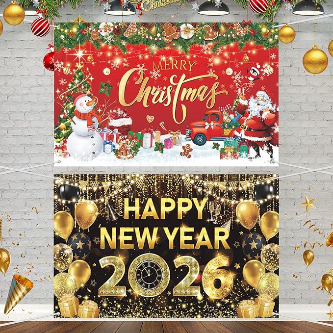 Christmas and New Year 2026 Banner Backdrop (70x43 Inch)