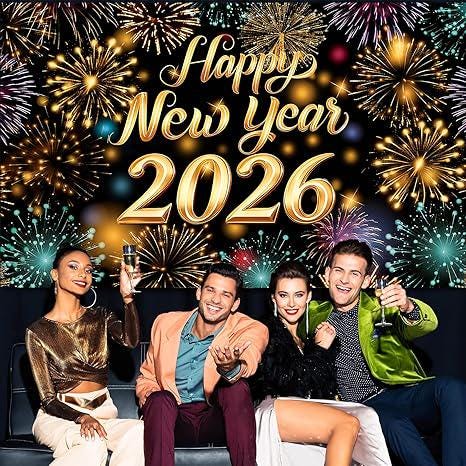 Happy New Year Banner 2026 Firework Backdrop Party Decorations