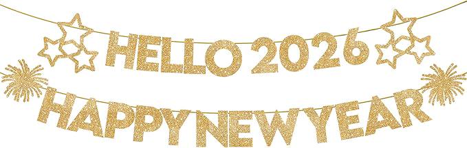 Glitter Gold Happy New Year Banner 2026 10 Feet Hello 2026 Party Decor