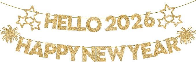 Glitter Gold Happy New Year Banner 2026 10 Feet Hello 2026 Party Decor