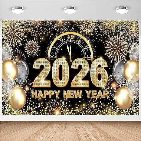 Happy New Year Backdrop 2026 Black and Gold 7x5ft Party Banner and Deco