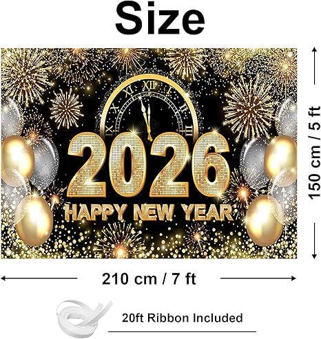 Happy New Year Backdrop 2026 Black and Gold 7x5ft Party Banner and Deco