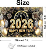 Happy New Year Backdrop 2026 Black and Gold 7x5ft Party Banner and Deco