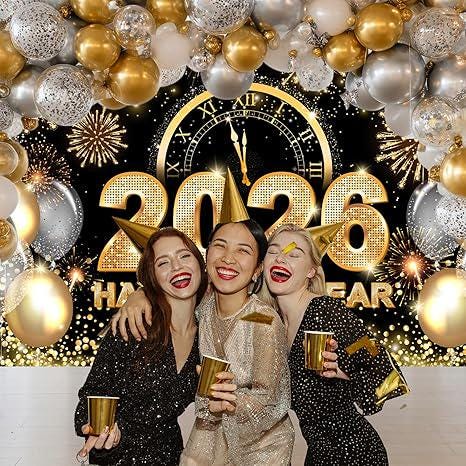 Happy New Year Backdrop 2026 Black and Gold 7x5ft Party Banner and Deco