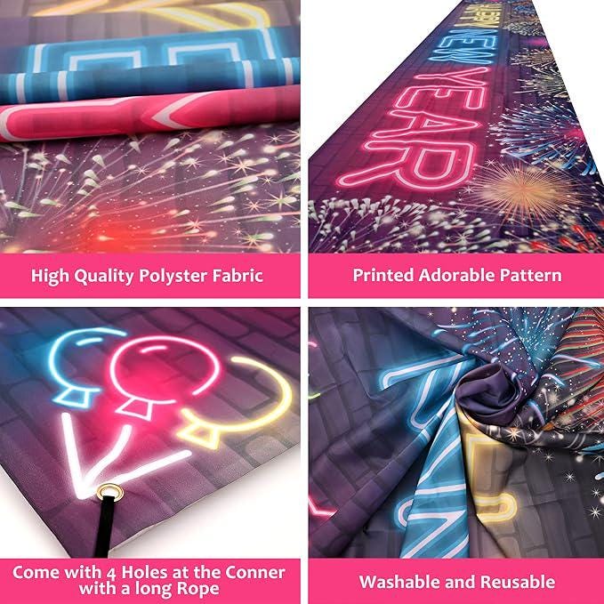 Neon Happy New Year Banner 120x20 Inch Extra Large Yard Sign Party Decor 2026