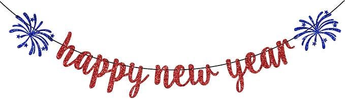 Happy New Year Banner 2026 Red Glitter Party Decorations and New Years Eve Supplies