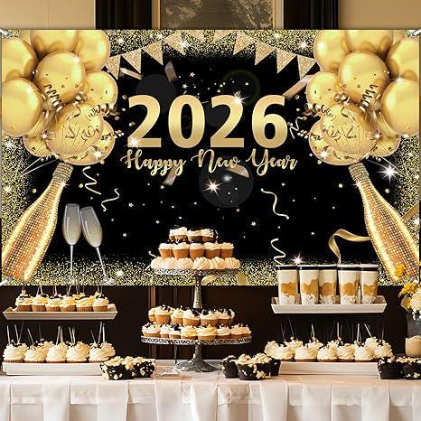 New Years Eve Party Backdrop 2026 Black and Gold Balloon Banner 70x43 Inch