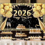 New Years Eve Party Backdrop 2026 Black and Gold Balloon Banner 70x43 Inch