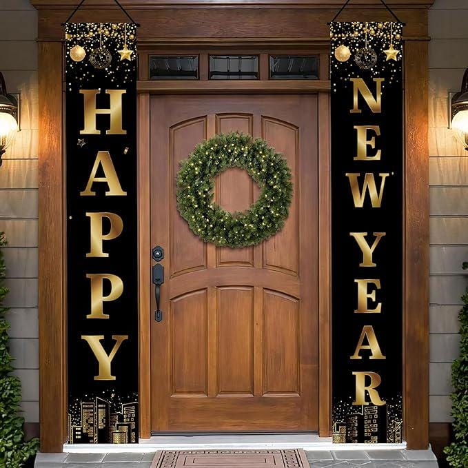 Happy New Year Banner 2026 Black and Gold Party Decorations NYE Supplies
