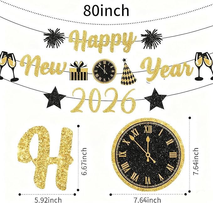 Gold and Black Happy New Year Banner 2026 Glitter Party Decorations NYE Supplies