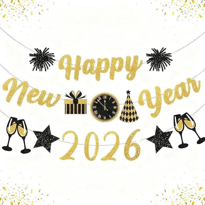 Gold and Black Happy New Year Banner 2026 Glitter Party Decorations NYE Supplies
